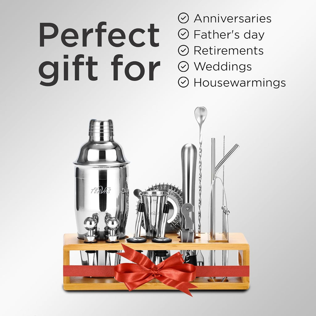 Mixology Bartender Kit with Japanese Jigger & Bamboo Stand - 25 Piece Stainless Steel Cocktail Making Set, Shaker