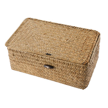 Woven Storage Box Wicker Storage Bins with Lid Seagrass Basket Desktop Hand- Woven Box Shelf Organizer