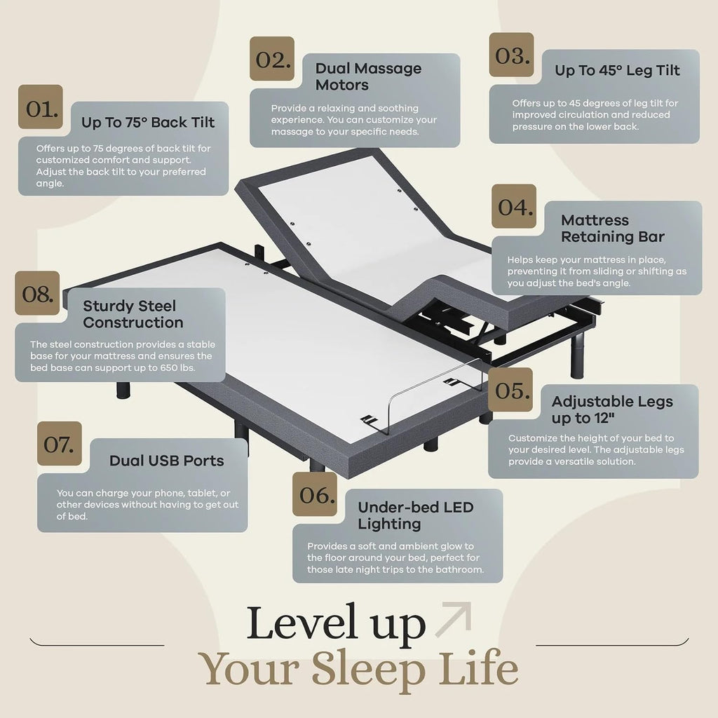 Classic Adjustable Bed Base, Head and Foot Lift, Massage, Under-Bed Lights, USB, Gel Memory, Zero Gravity Smart Frame