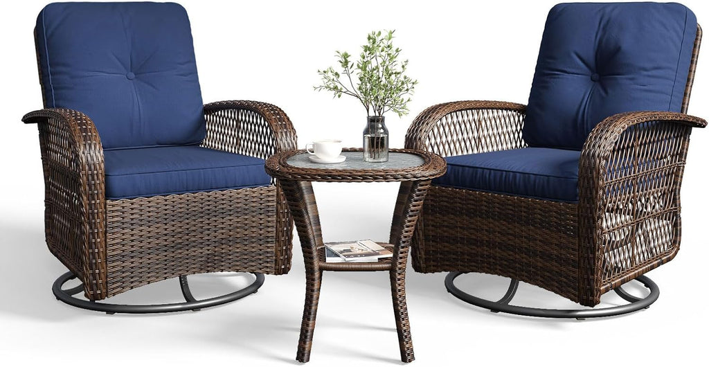 3 Pieces Patio Furniture Set, Patio Swivel Rocker Chairs Set of 2, Wicker Outdoor Bistro Set with Rocking Chair