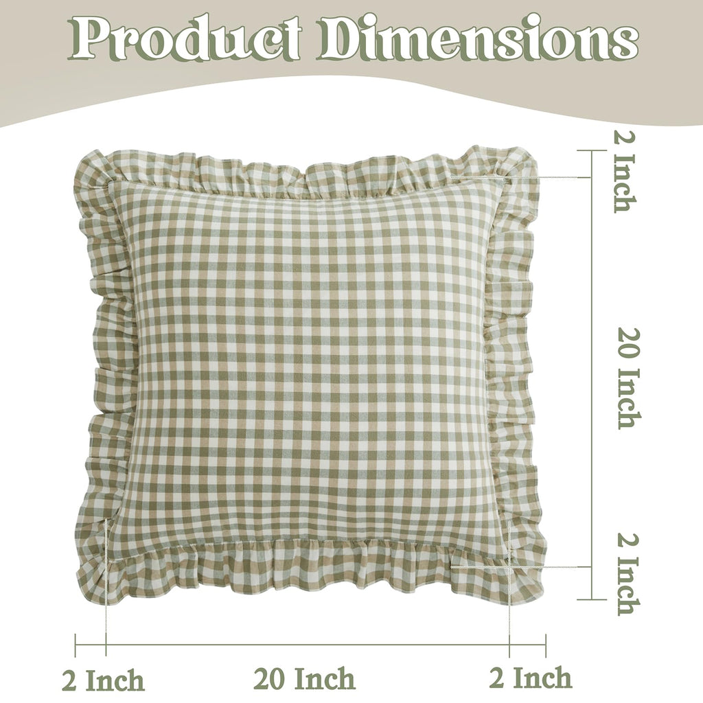 2 Pcs Ruffle Gingham Pillow Covers 20" x 20", Sage Green Plaid