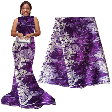 African Lace Fabric 5 Yards Purple French Lace Fabric for Dress Beaded Nigerian Cord Net Lace Fabric Materials
