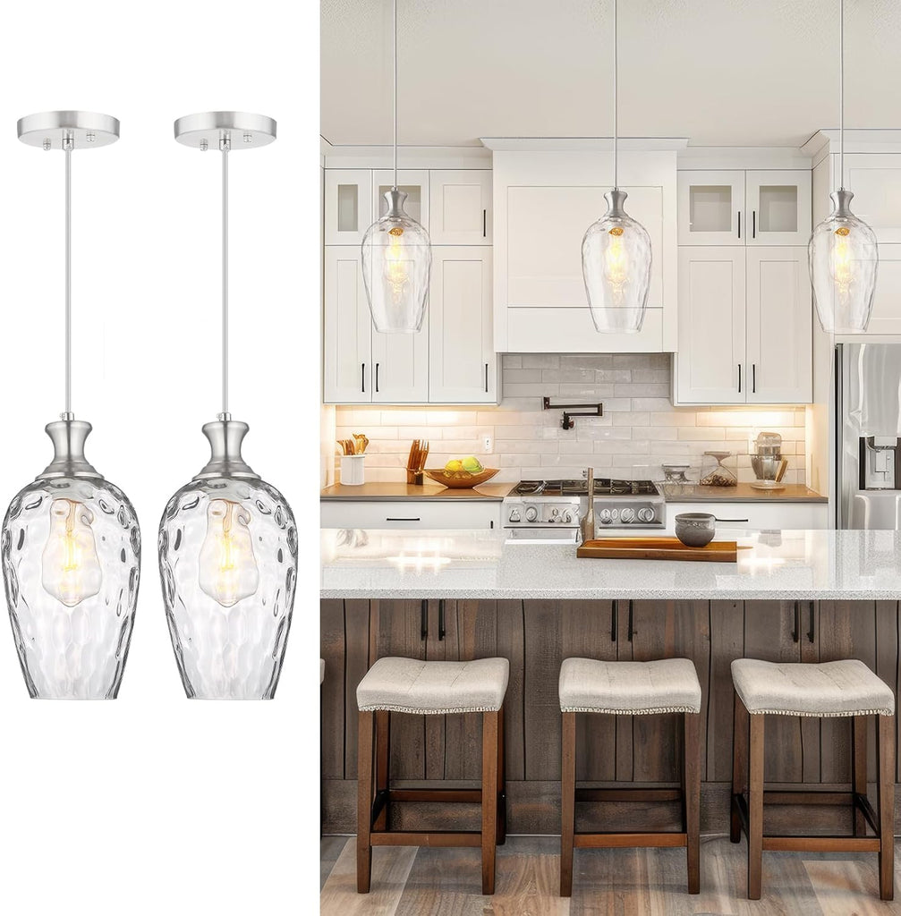 Glass Pendant Lights Kitchen Island 2 Pack, Brushed Nickel Pendant Light Fixtures with Hand-Blown Clear Glass, Modern