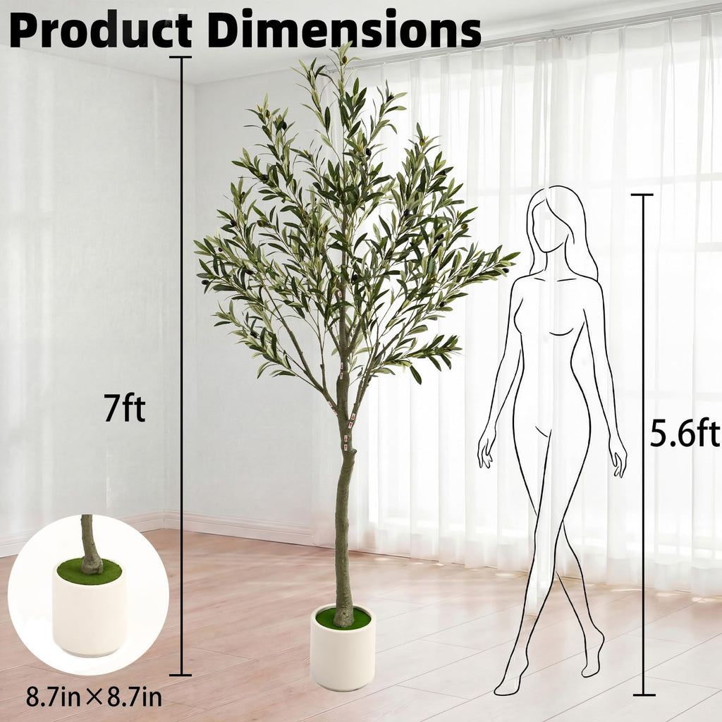 7ft Fake Olive Tree Artificial Indoor, Faux Olive Tree with Pot, Large Olive Branches and Lifelike Fruits, House Living