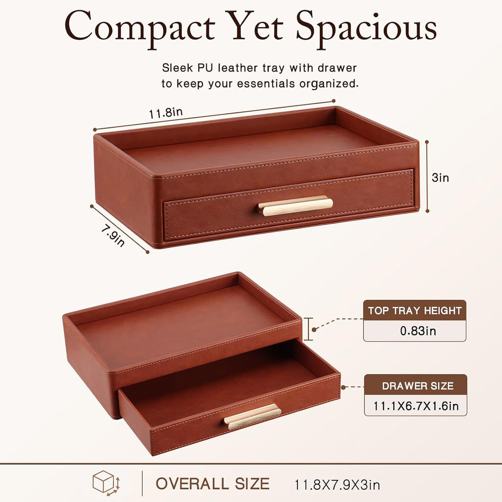 Leather Valet Tray with Drawer for Men, Nightstand Organizer, Brown
