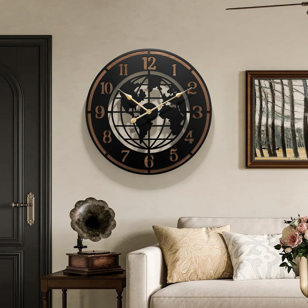 Large World Map Wall Clock, 24" Wooden Minimalist Modern Clock