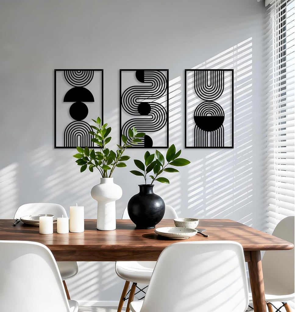 Abstract Metal Wall Art Black Bathroom Wall Decor Mid Century Modern Wall Art Bedroom Bathroom (17x9.8in) - Set of 3