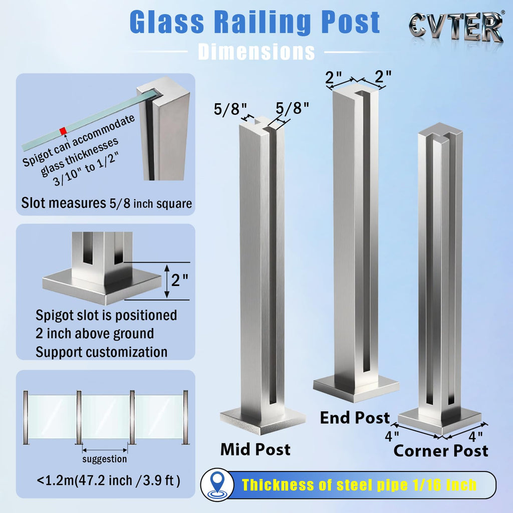 Glass Railing Post, No-Punch / 304 Stainless Steel Glass Railing Spigot with Slots & Base, Heavy-Duty Clamp Bracket