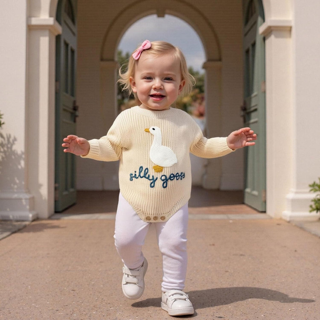 Silly Goose Embroidery Baby Girl Boy Sweater Romper