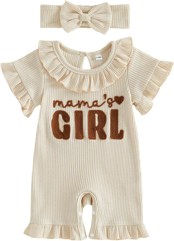 Baby Girl Summer Outfit Romper Hi I'm New Here Embroidery Ruffle Jumpsuit Infant Waffle Knit Clothes