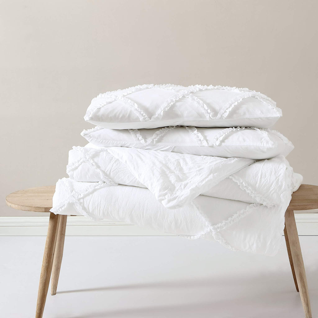 Vivian 3-Piece Diamond Ruffle Quilted Trim Soft Washed Microfiber Comforter Set (White)