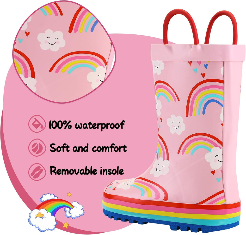 Kids Rain Boots Waterproof Printed Rubber boots with Handles