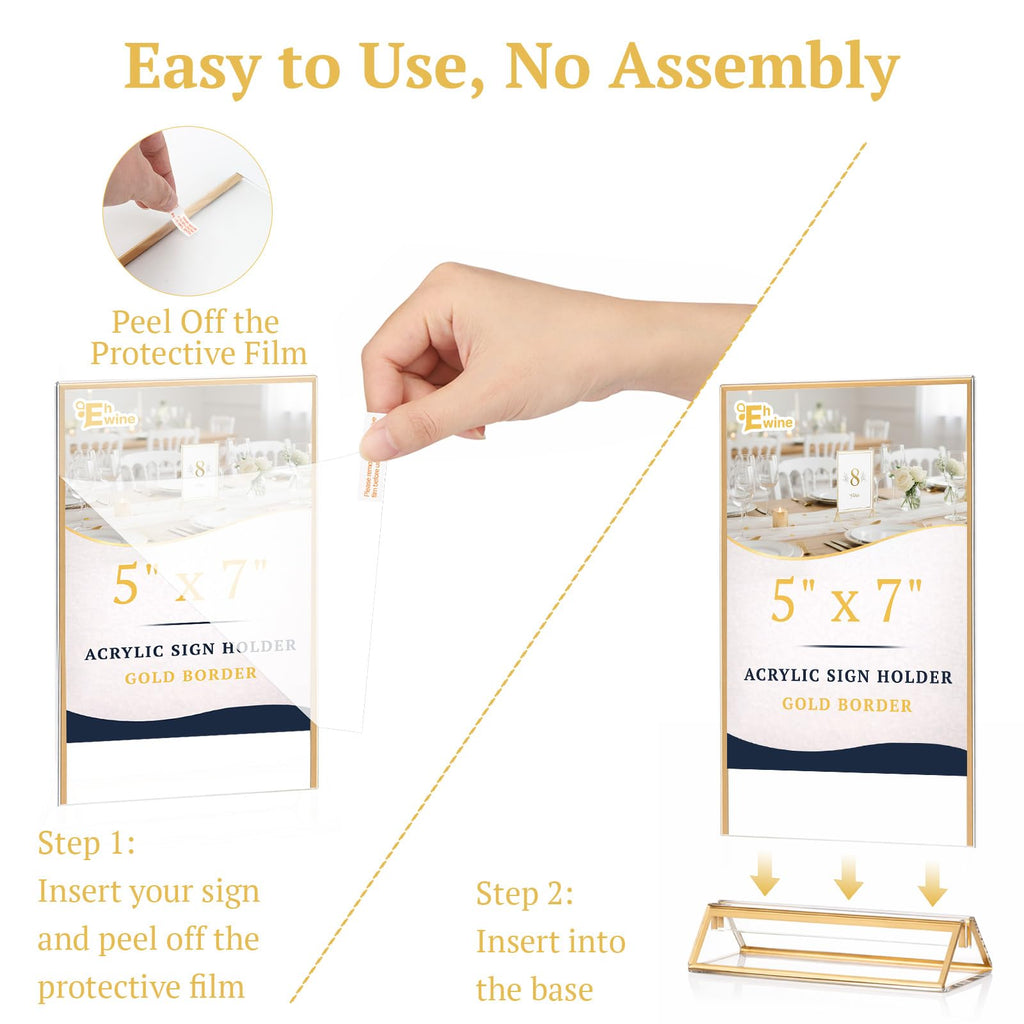 6 Pack Acrylic Sign Holder 5 x 7, Double Sided Gold Picture Frame Stand up Table Top Sign Holders, Clear Display