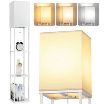 Floor Lamp with Shelves, 3-Tier Modern Square Bookshelf Standing Lamp White