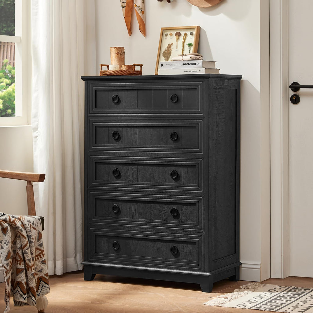 Farmhouse 5 Drawer Dresser Set of 2, 42" Tall Small Dressers & Chest of Drawers, Rustic Wood Dresser with Metal