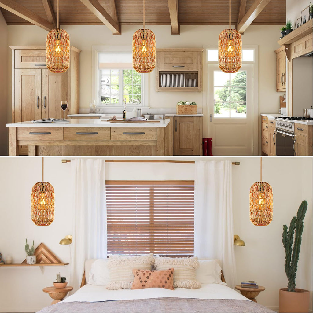 Boho Plug in Pendant Light Rattan Hanging Lights with 15FT Cotton Cord & Stepless Dimming Switch, Woven Wicker Basket