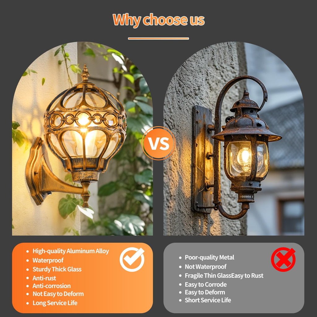 Globe Outdoor Wall Lights with Dusk to Dawn Sensor, Waterproof Gold Sphere Outside Wall Light Fixtures, Anti-Rust