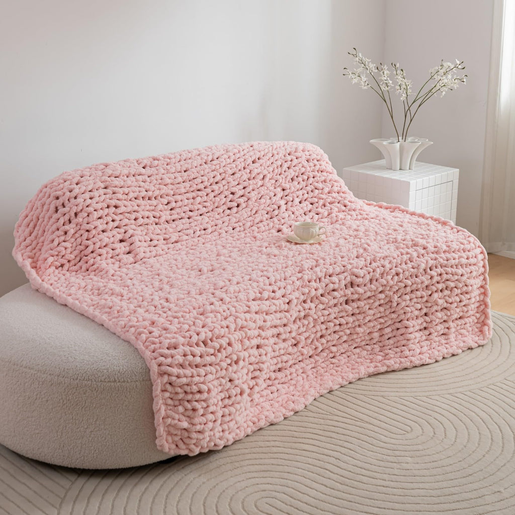 Chunky Knit Blanket Throw 51"×63" for Couch Pink