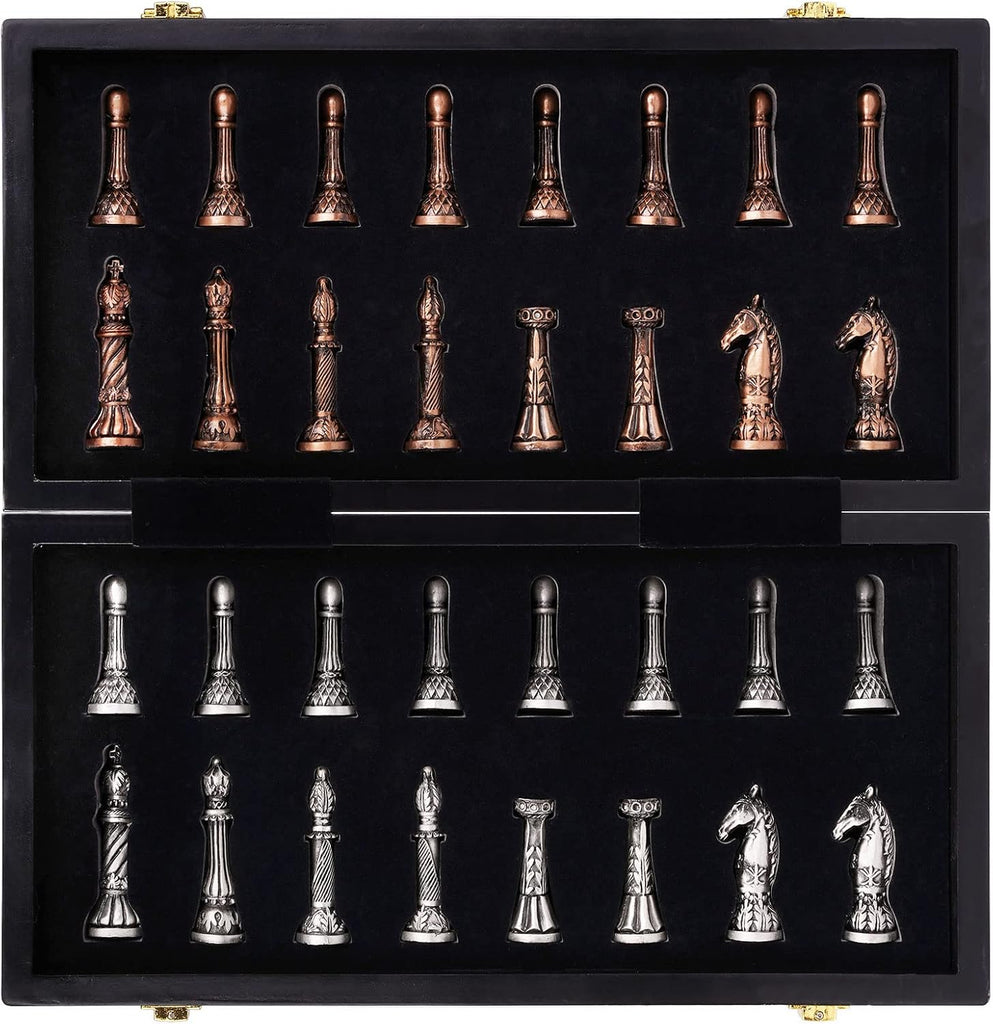 Retro Metal Chess Set for Adults and Kids - Marbling Chess Board with Chess Pieces - Travel Chess Set with Metal - Set of 32