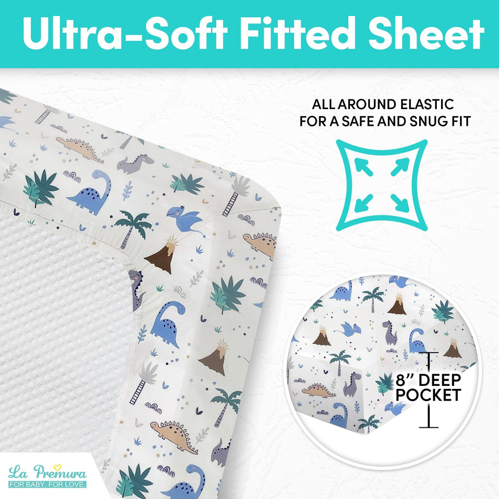 Baby Crib Bedding Set for Boys - Dinosaur 3 Piece Standard Size Nursery Crib Comforter Set, Grey/Blue - Unisex Baby