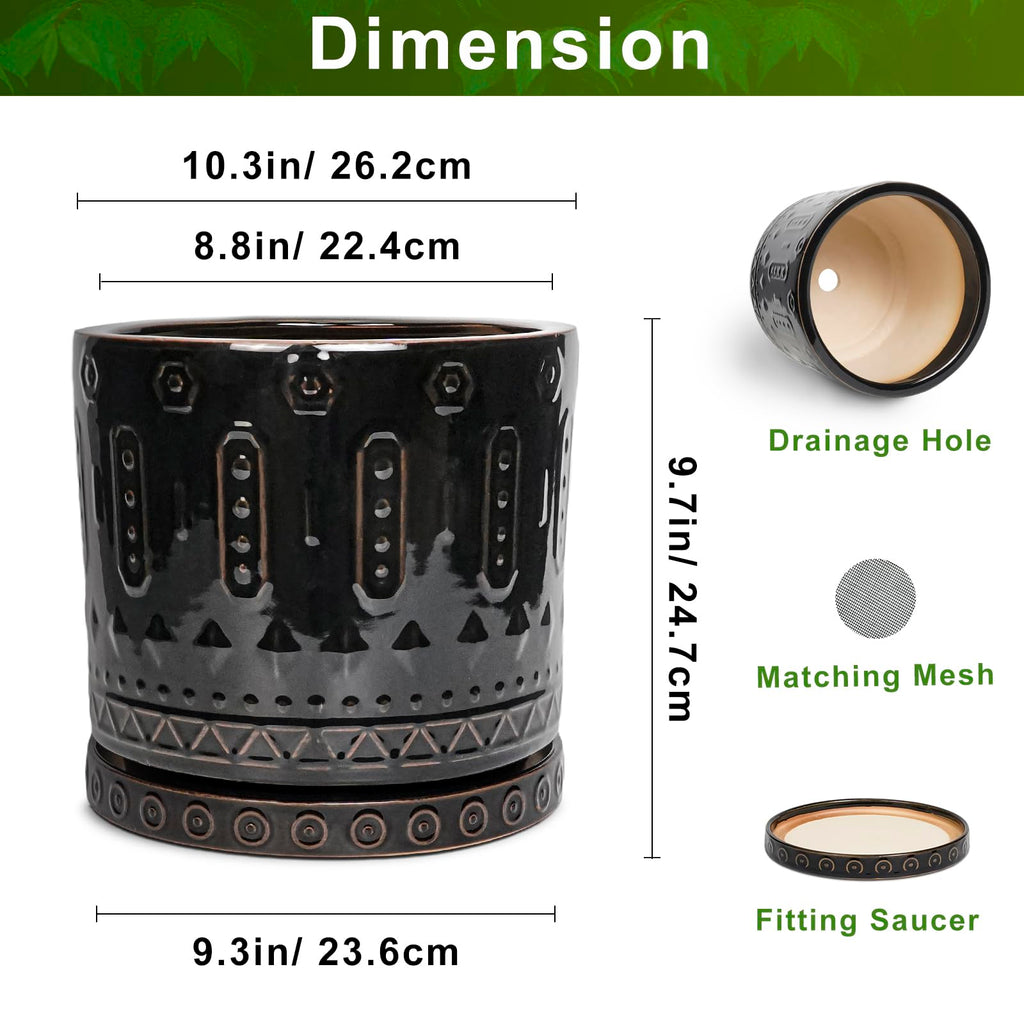 Ceramic Planter for Indoor Plants - 10 Inch Plant Pots with Drainage Hole and Saucer, Round Decorative Flower Pots