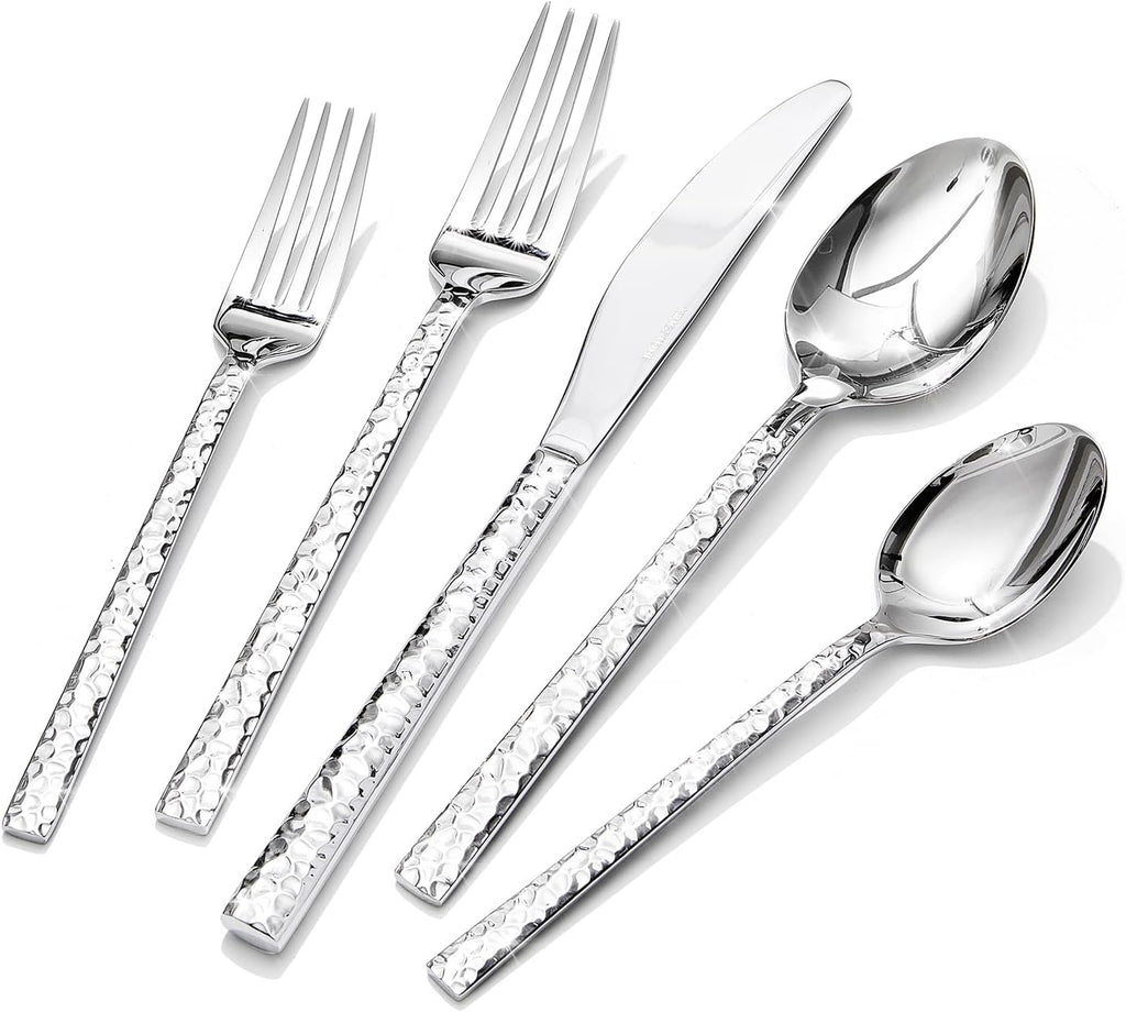 60-Piece Hammered Silverware Set, 18/10 Stainless Steel Flatware Set for 12, Cutlery Set
