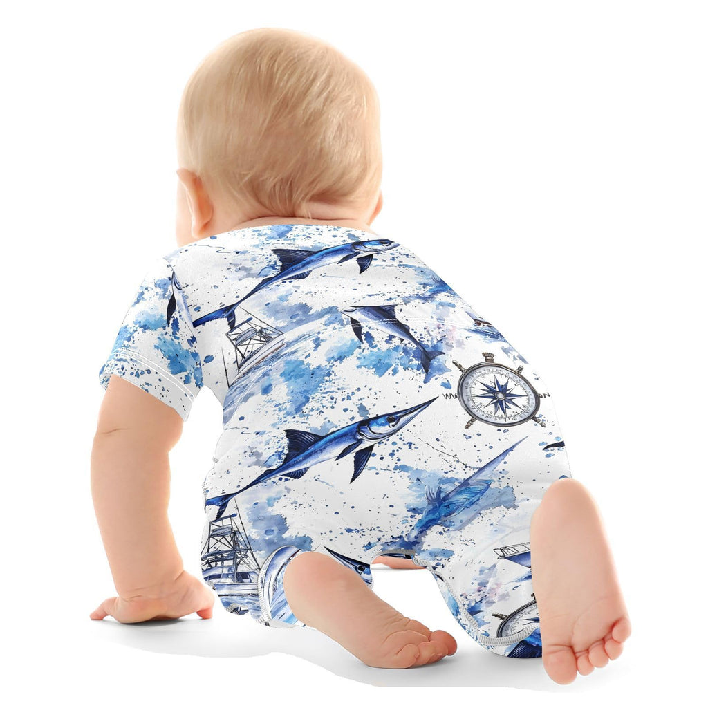 Blue Marlins Compass Baby Bodysuits Set, Baby Layette Sets Unisex Short Sleeve Babys Pants Sets