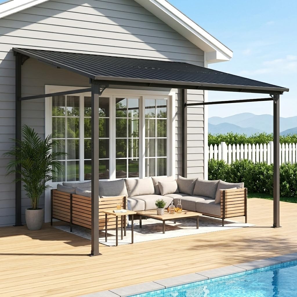 8'x 10' Wall Mounted Gazebo, Lean to Gazebo Pergola with Sloped Roof | Hard Top Pergola