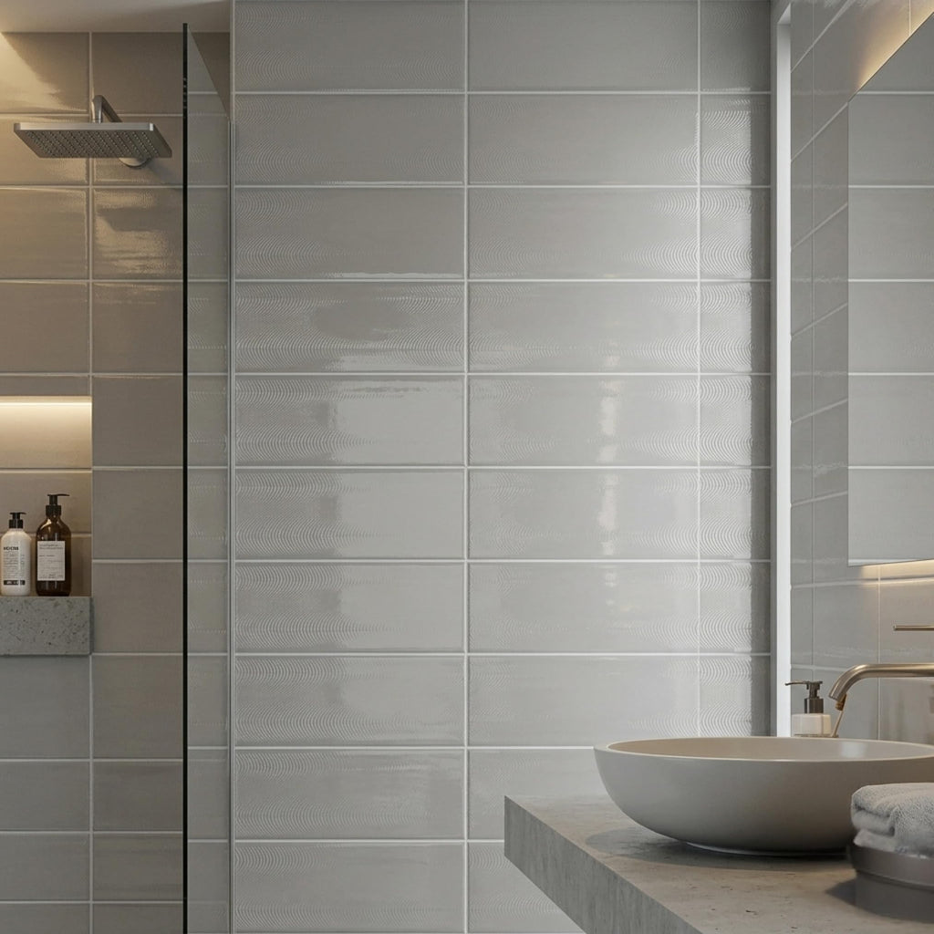 3x12 Gray Polished Ceramic Subway Tile, Fully Ribbed Textured Surface Backsplash Wall Tiles for Modern Kitchen