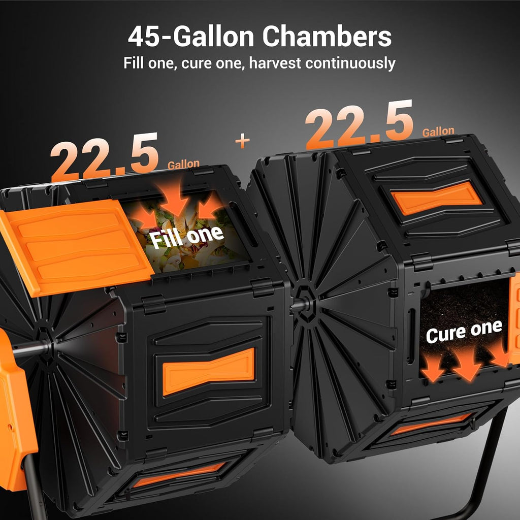 Compost Tumbler, Easy Assemble & Efficient Outdoor Compost Bin, 45 Gallon/170 Liter Large Dual Chamber Rotating