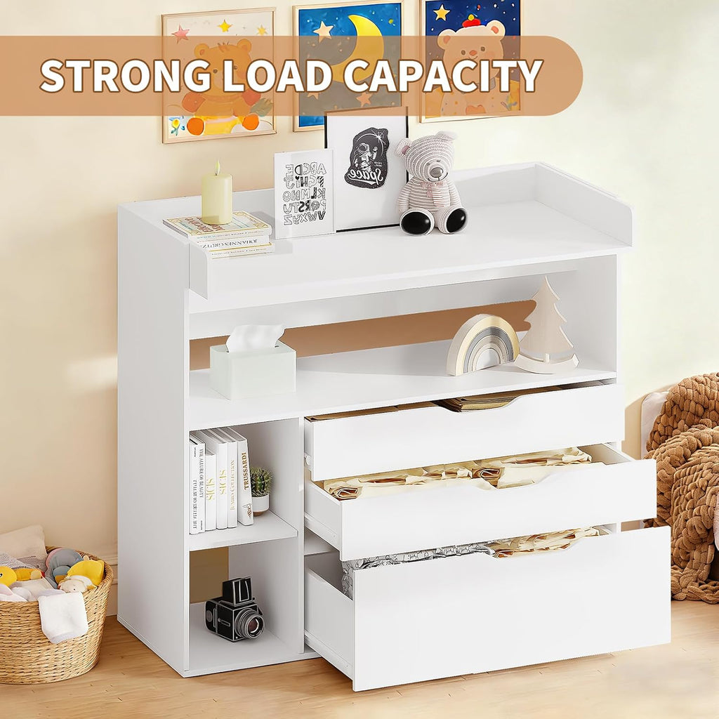 Baby Changing Table Dresser with 3 Drawers and 3 Storage Shelves, Can be Used as a Baby Dresser with Changing Table