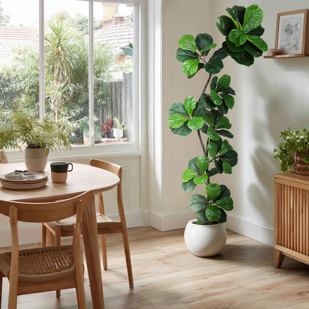 Artificial Fiddle Leaf Tree, 7ft Faux Plant Fake Ficus Lyrata Trees with White Planter & Moss, Artificial Fig Trees