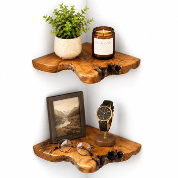 Floating Corner Shelf Set of 2, Handcrafted Live Edge Corner Wall Shelves, Cedar Root Wood Decor for Small Plants