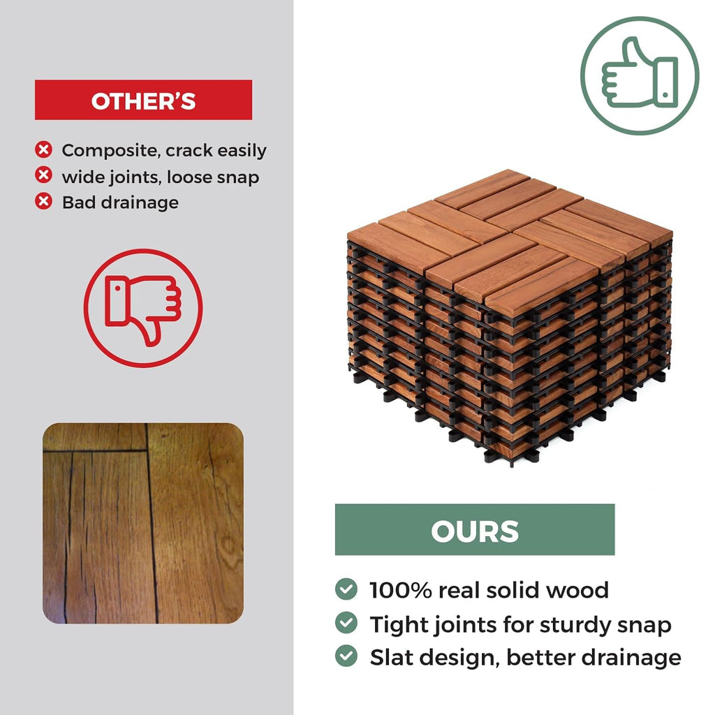 Teak Deck Tiles (Pack of 9) Hardwood Interlocking Patio Deck Tiles, Teak Wood Deck Tiles Interlocking Outdoor, Patio