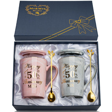 Golden Anniversary Wedding Gift, 2PCS Happy 50th Wedding Anniversary Mr and Mrs Gift Marble Ceramic Cups Set 14oz, 50
