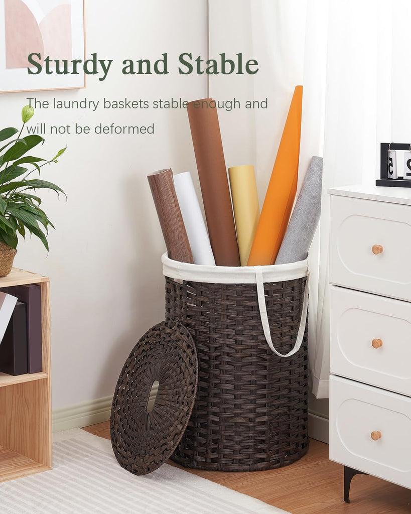 Laundry Basket with Lid Round Rattan PE Laundry Hamper, Brown