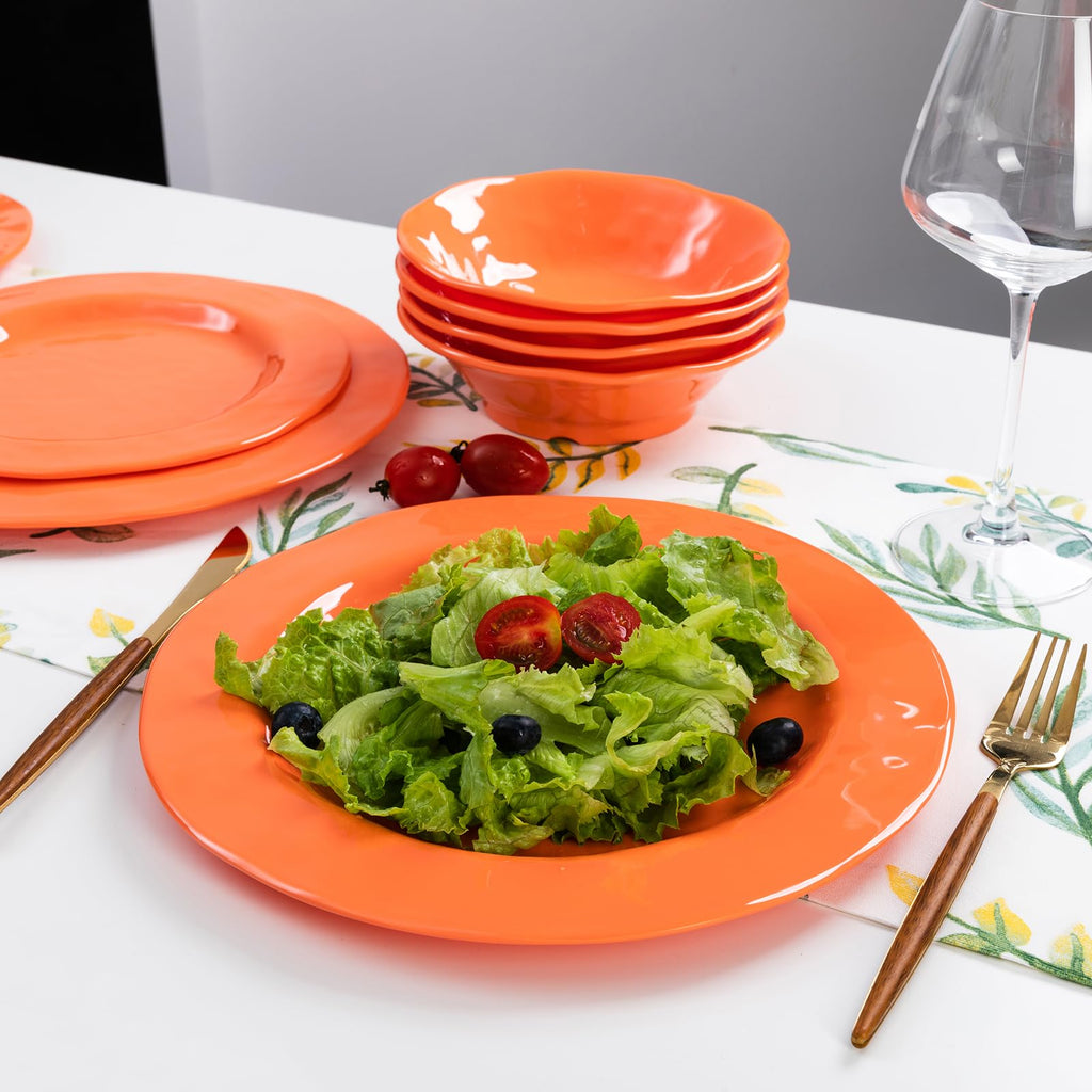 Orange Melamine Dinnerware Set, 12 Piece Kitchen Tableware Plates Bowls Dishes Set, Lightweight Unbreakable