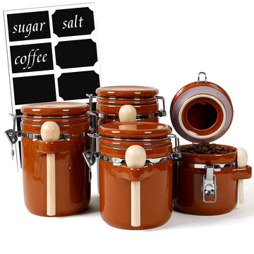 4 Piece Airtight Ceramic Canister Set With Attached Wooden Spoon Reusable Chalk Labels For Dry Goods Sugar Coffee Tea