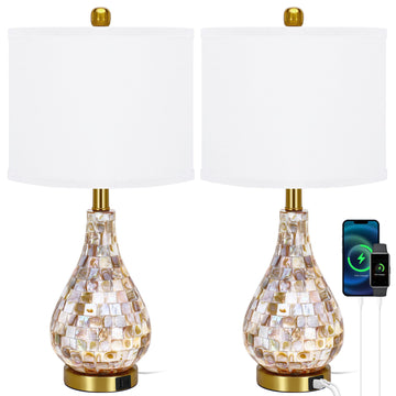 Modern Coastal Table Lamps Set of 2, Mother of Pearl Tiles 23.5" Bedside Lamp, Living Room Home Nightstand Table
