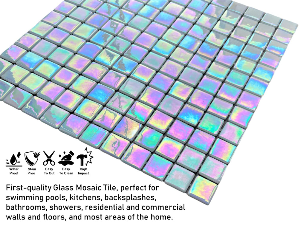 Square Iridescent Recycled Glass 1x1 Mosaic Floor Wall Pool Tile Backsplash , Swimming Pool Tile, Bathroom Shower