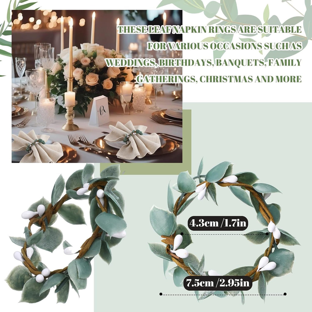 Eucalyptus Napkin Rings Rustic Farmhouse Greenery Leaf Napkin Ring Holders for Wedding, Thanksgiving, Christmas - Set of 6
