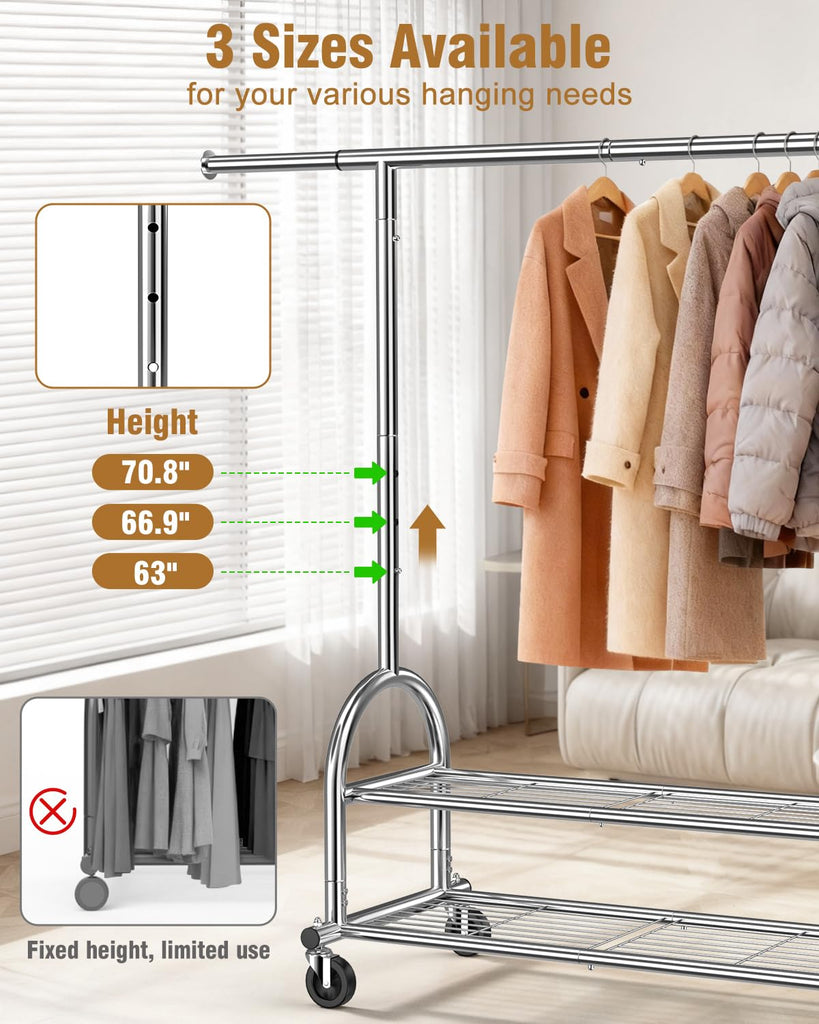 Rolling Clothes Rack Heavy Duty Clothing Rack with 2 Shelves, Silver