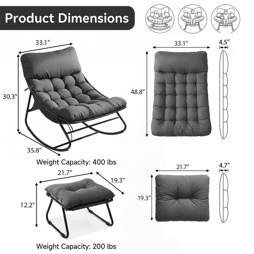 Outdoor Rocking Chair with Ottmans, Cozy Papasan Rocking Chair with Thick Cushion, 450lbs Capacity Indoor Outdoor