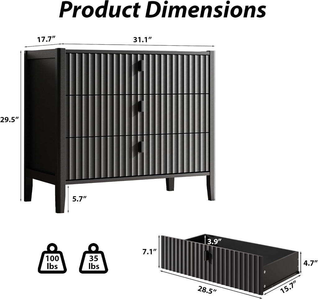 Black 5 Drawer Dresser, Modern Tall Dresser , Fluted Wood Chest of Drawers with Deep Drawers for Clothes, Storage