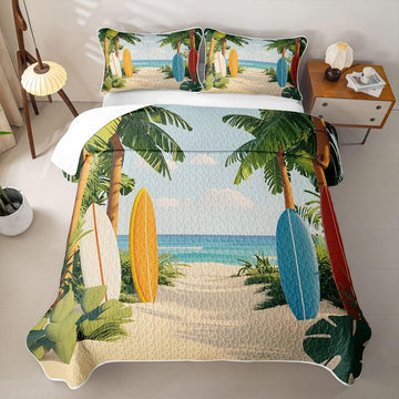Summer Beach Quilt - Surfboard Bedspread Tropical Palm Tree Bed Coverlet with 2 Pillowcases
