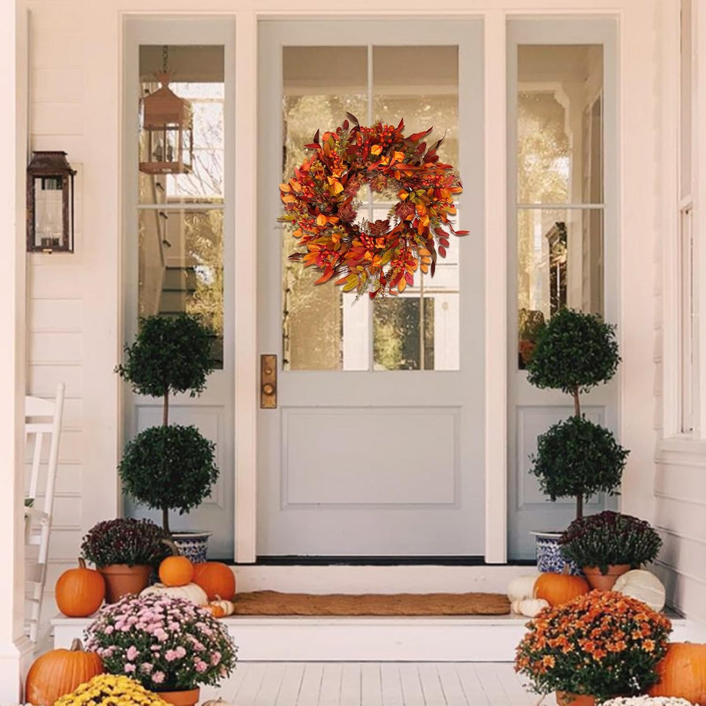 24 inch Berry Branches Fall Wreath for Front Door with Colorful Leaves