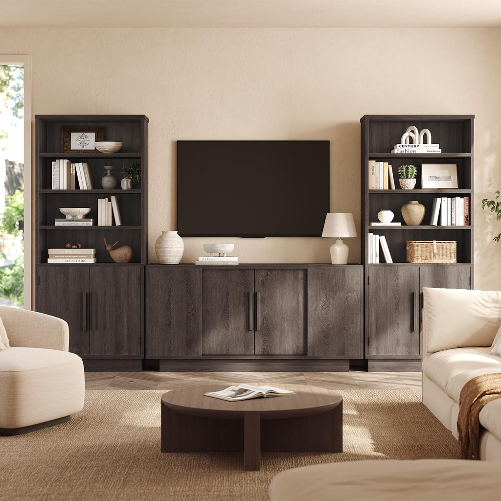 63'' Sideboard Buffet Cabinet with 4 Sliding Doors, Wood Credenza Storage Cabinet with Pedestal Base, Large Side