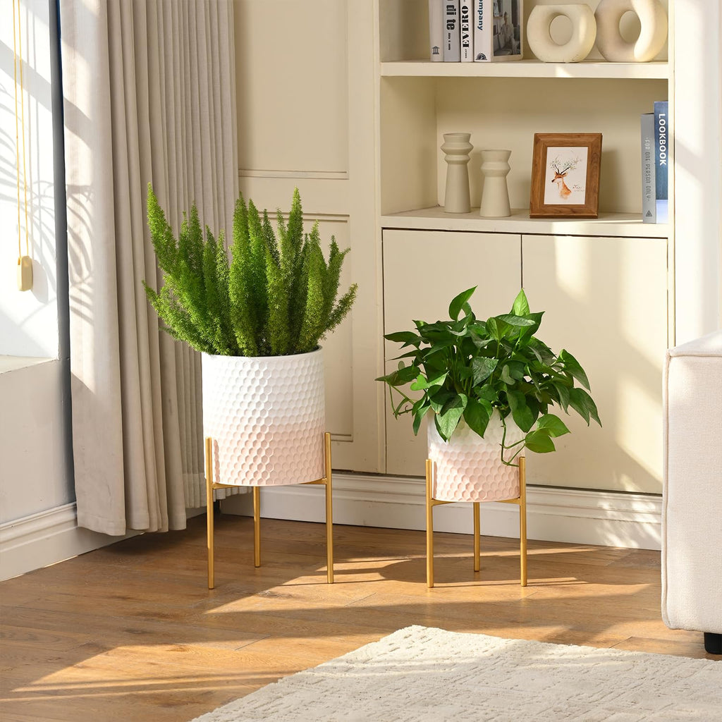 Modern Planter Pots, Set of 2 White Pink Planters with Stand, Decorative Planters, Metal Pots with Drainage Holes