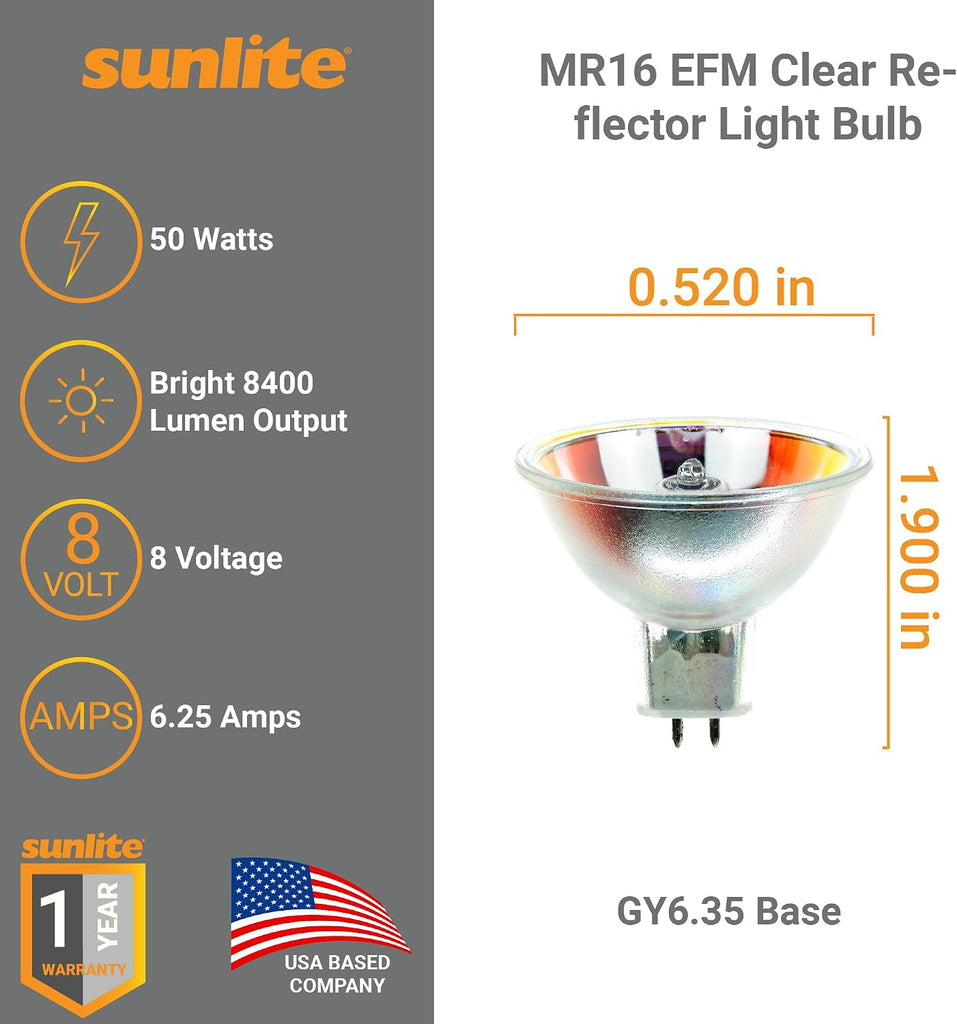 MR16 EFM Clear Reflector Light Bulb, 50 Watts, 8V, 2-Pin GX6.35 Base, 99 CRI, 6.25A, 3300K Warm White, Ideal