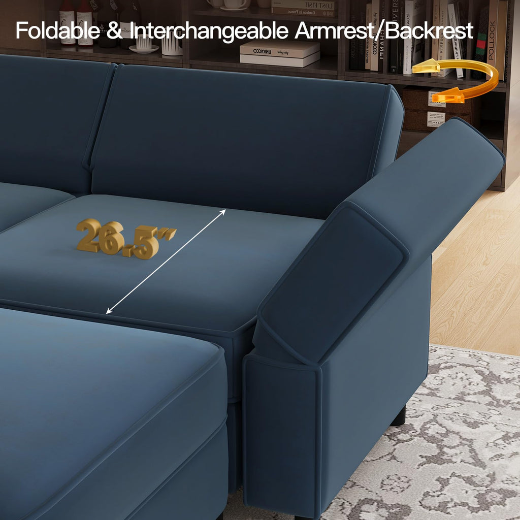 Modular Velvet Sectional Sofa with Chaise Lounge Sectional Sleeper Sofa with Storage Chaise Bed Couch Blue